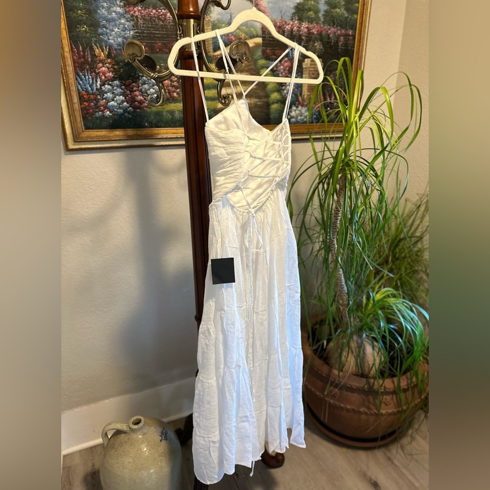 Effortless Sweetness White Ruched Lace-Up Tiered Midi Dress - Picture 7 of 8